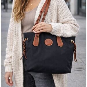 Dooney & Bourke Black Nylon Tote Bag Brown Leather Braided Strap Red Lining